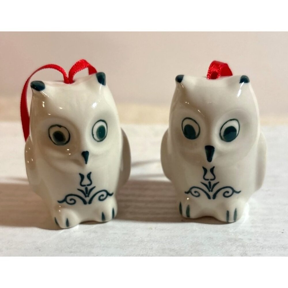 Ceramic Owl Ornament Set With Floral Design & Red Ribbon Hangers